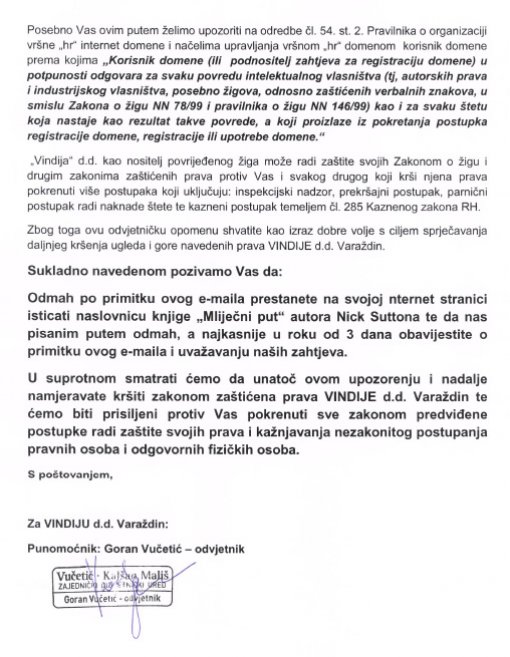 Dopis odvjetni�kog ureda Vindije b